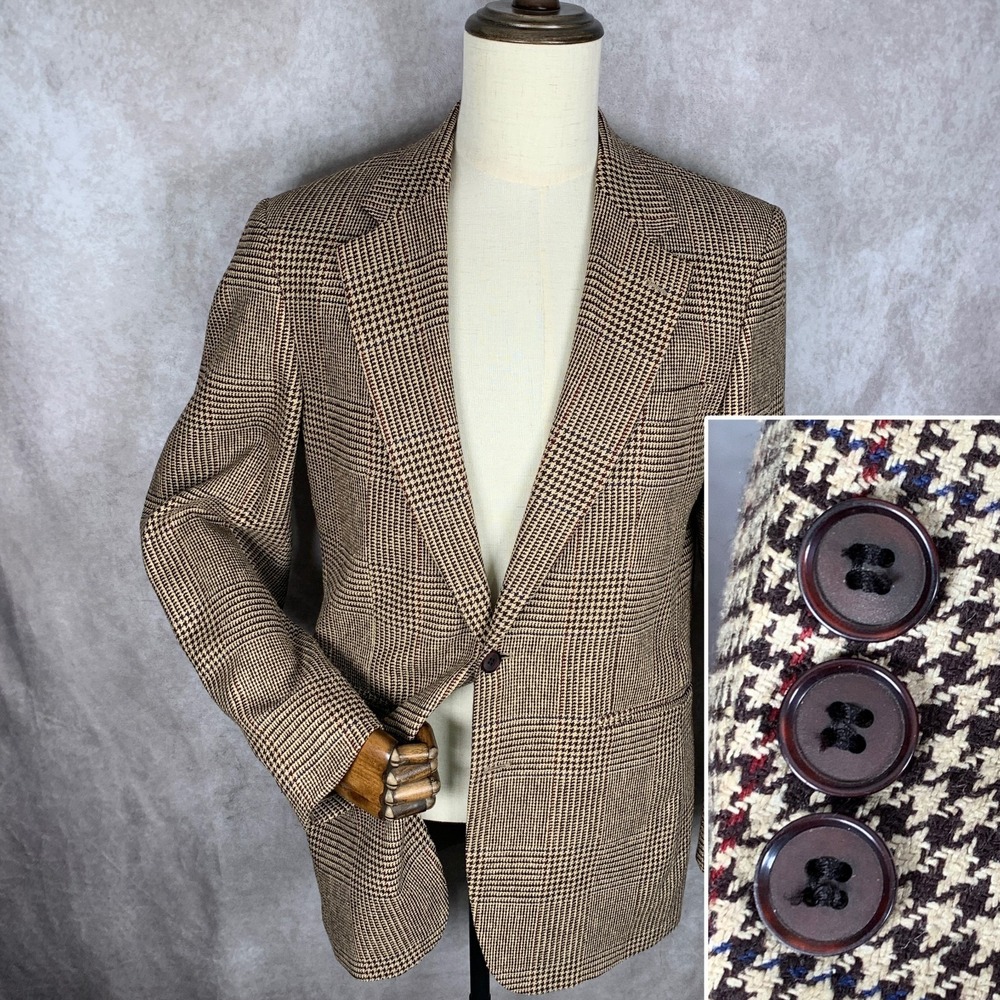 DAKS London Blazer Jacket Men 40L Brown Houndstooth Windowpane Sport Coat